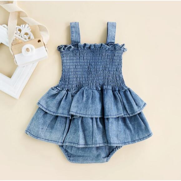 Hazel & Bo EMILY Layered Ruffles Denim Romper - Size 0-3 Months - Picture 2 of 5